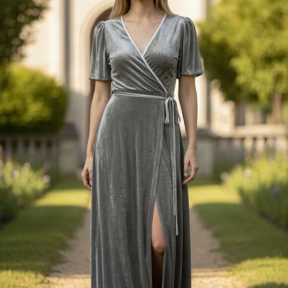 New with Tags – Silver-Gray Velvet Wrap Dress (Size 10) - Picture 3 of 5